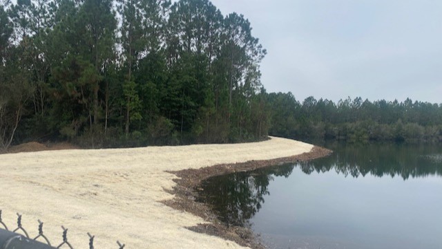 wet detention pond after