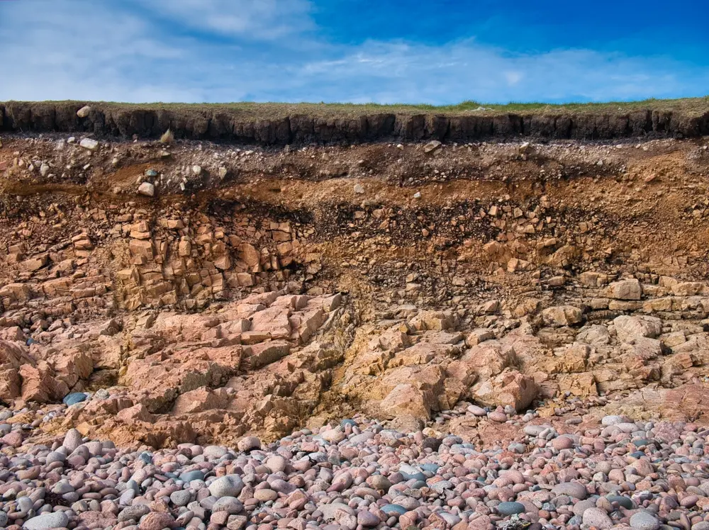 Eroding soil, subsoil and bedrock