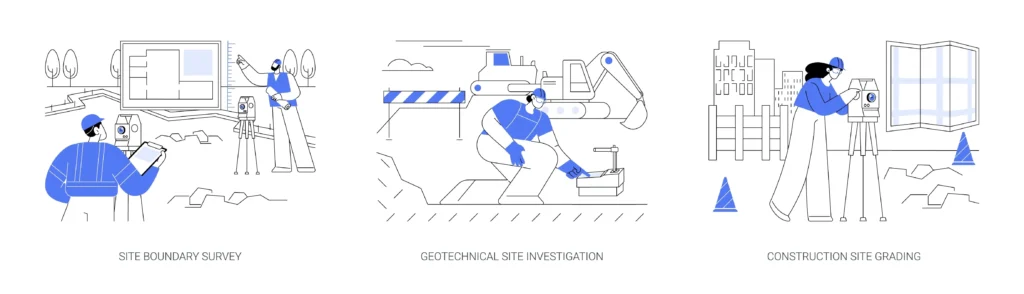 Construction site preparation abstract concept vector illustration set. Site boundary survey, geotechnical investigation, construction site grading, topographic measurement abstract metaphor.