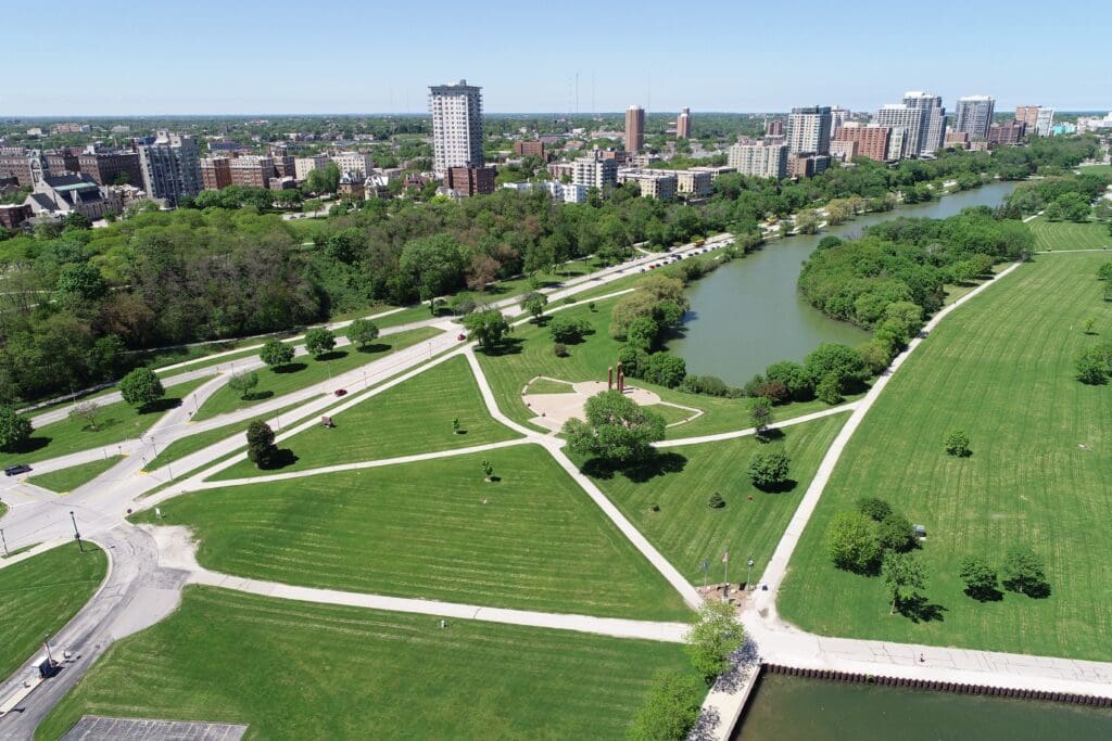 aerial view of a park and a skyline